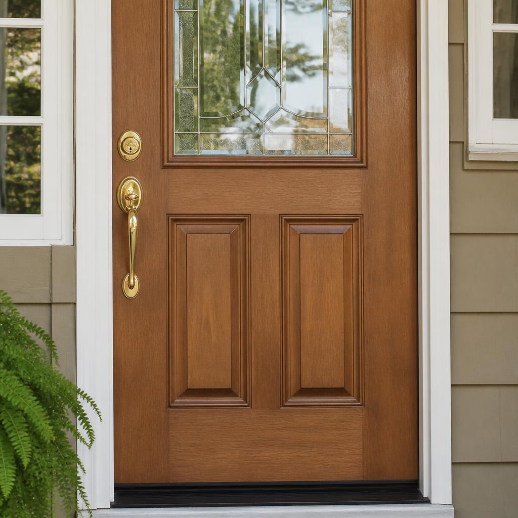 Wood-stained residential front entry door with polished brass handleset and deadbolt