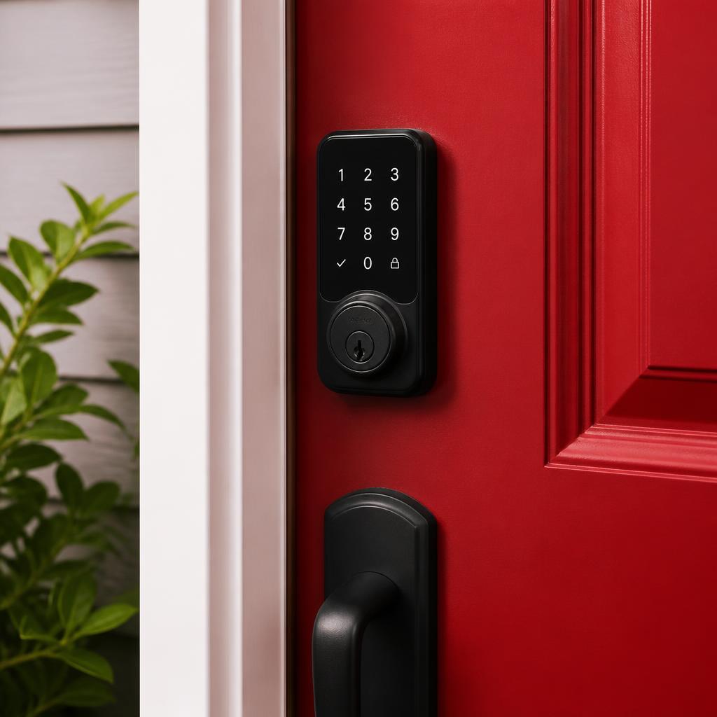 Black smart lock keypad and matching handle on a red residential front door