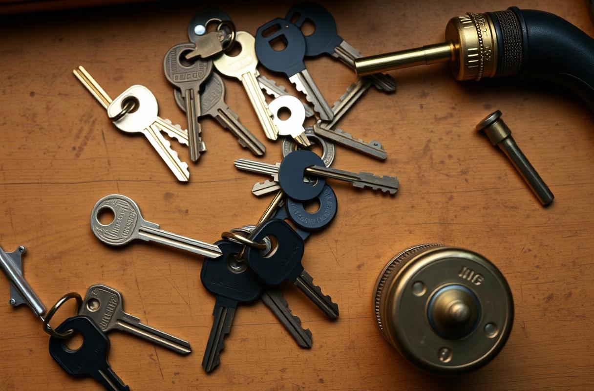 Assorted house keys and locksmith tools on a workbench