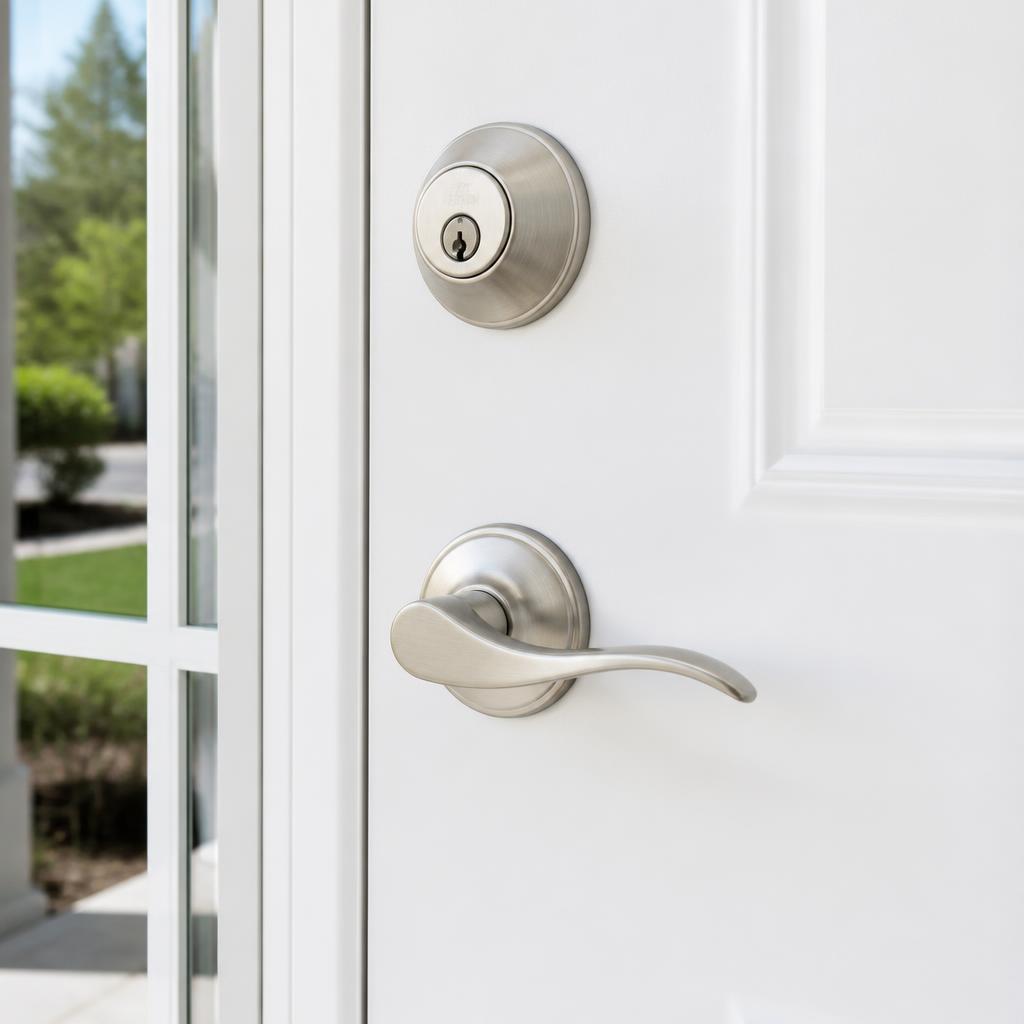 Satin nickel lever handle and deadbolt on a white residential front door