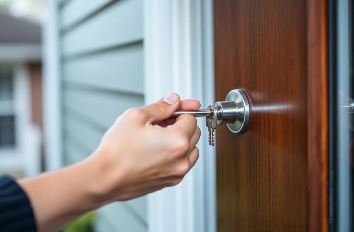 Hand inserting a key into a polished residential door handle